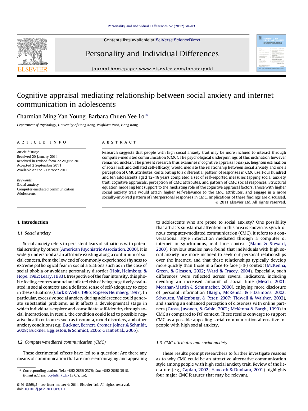 Cognitive appraisal mediating relationship between social anxiety and internet communication in adolescents