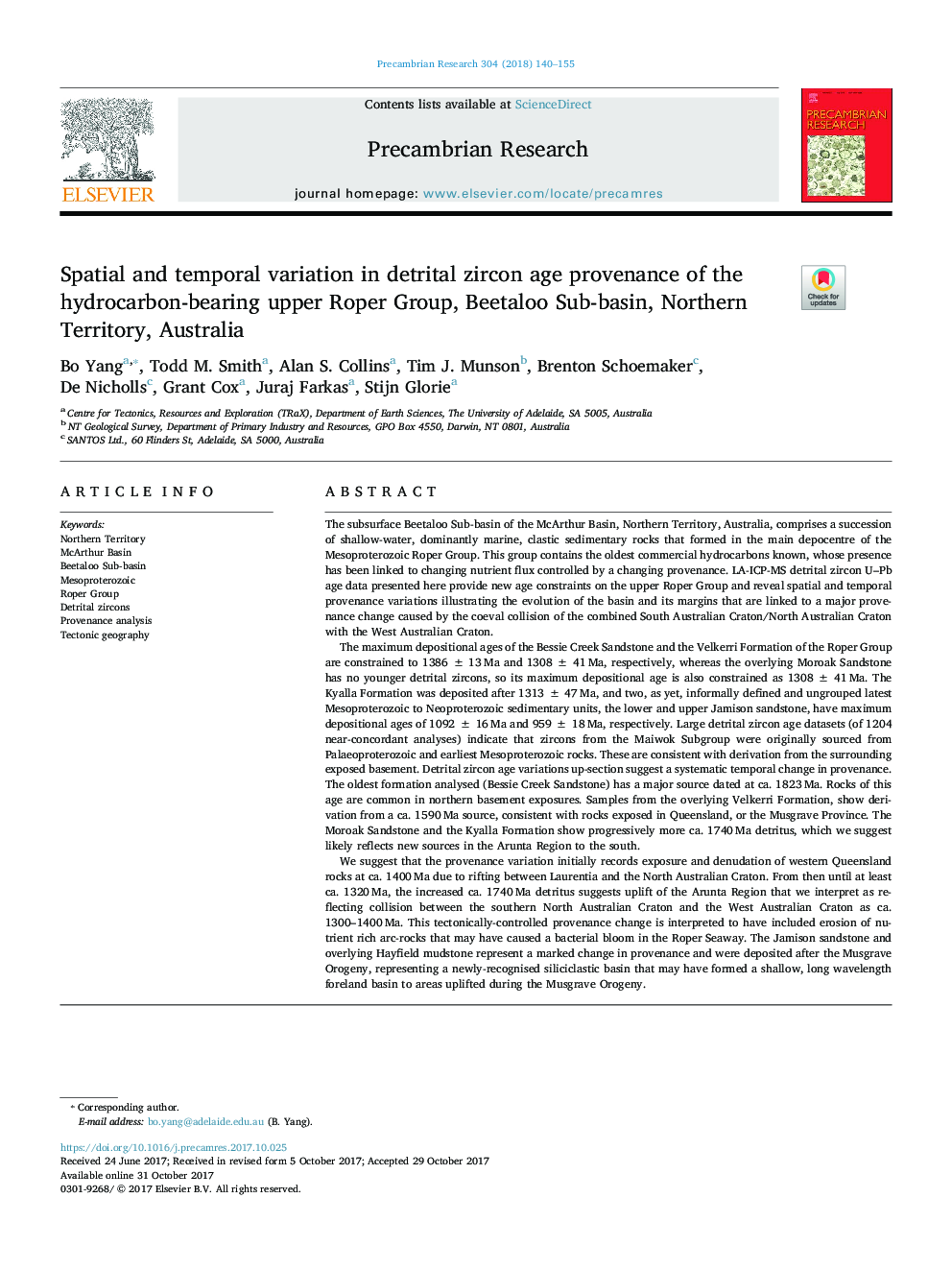 Spatial and temporal variation in detrital zircon age provenance of the hydrocarbon-bearing upper Roper Group, Beetaloo Sub-basin, Northern Territory, Australia