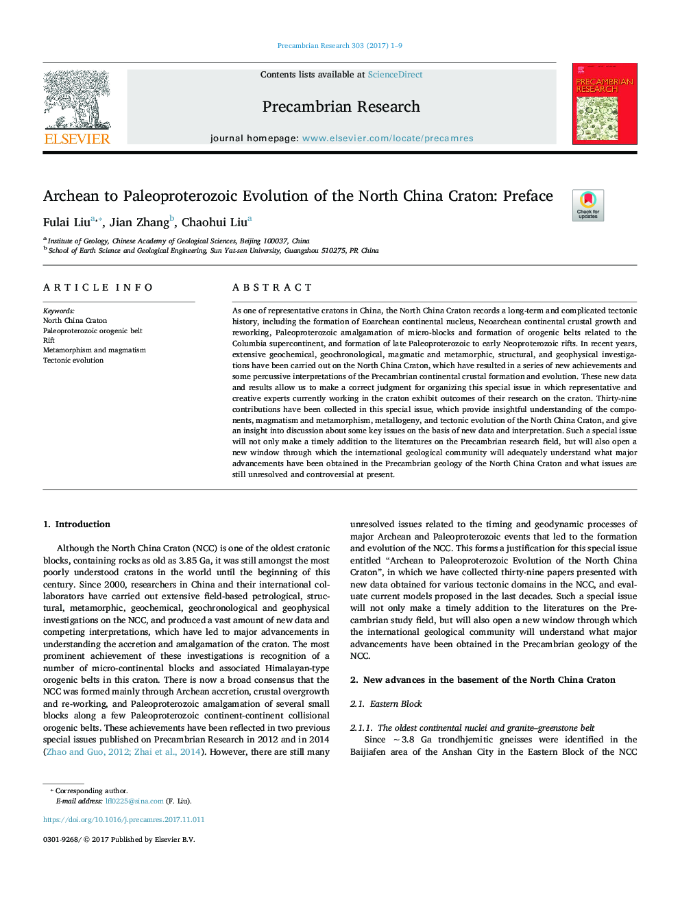 Archean to Paleoproterozoic Evolution of the North China Craton: Preface