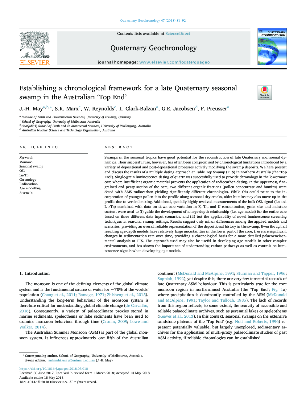 Establishing a chronological framework for a late Quaternary seasonal swamp in the Australian 'Top End'