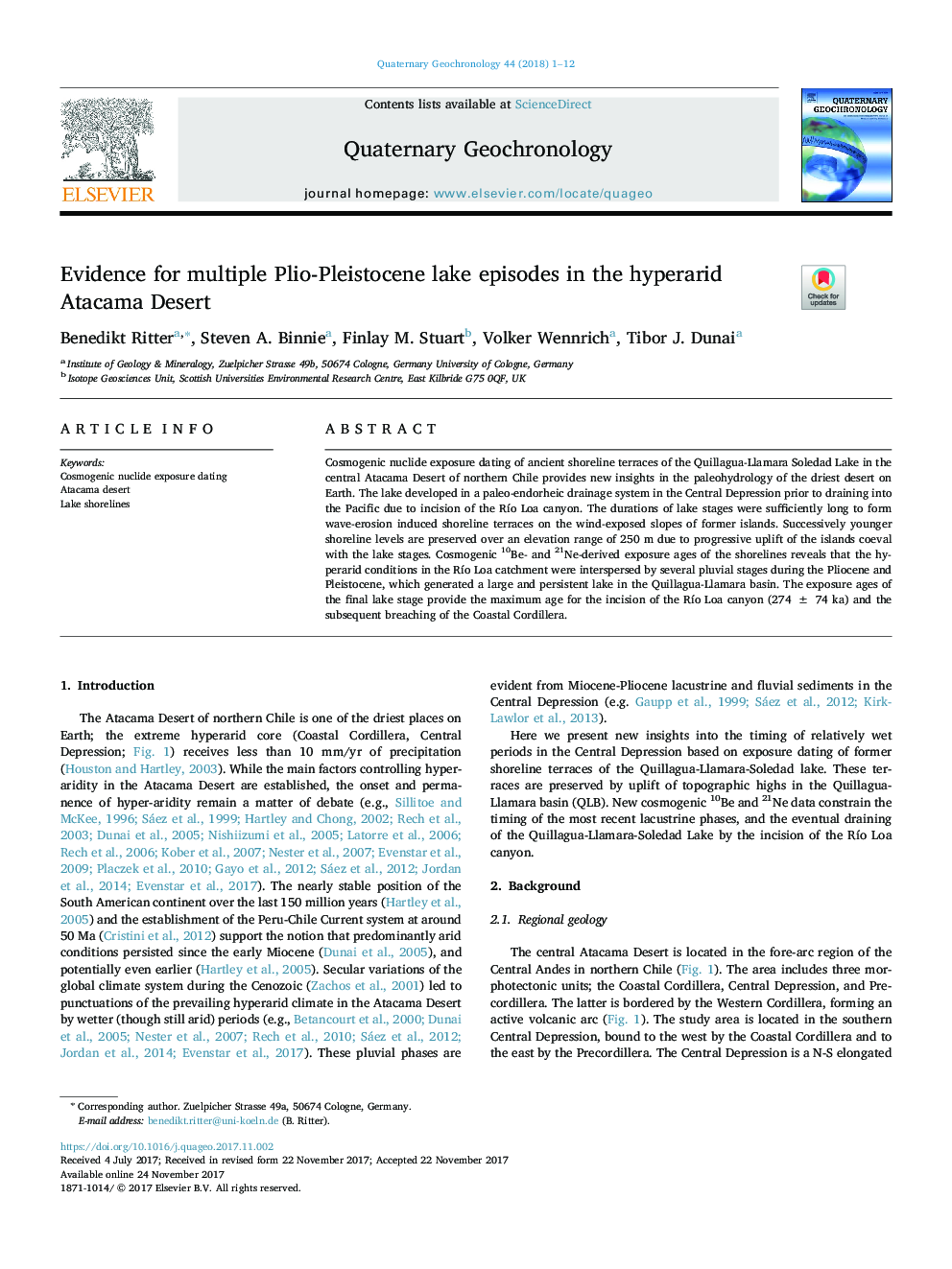 Evidence for multiple Plio-Pleistocene lake episodes in the hyperarid Atacama Desert