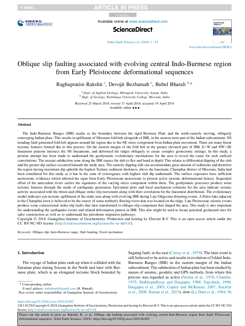 Oblique slip faulting associated with evolving central Indo-Burmese region from Early Pleistocene deformational sequences