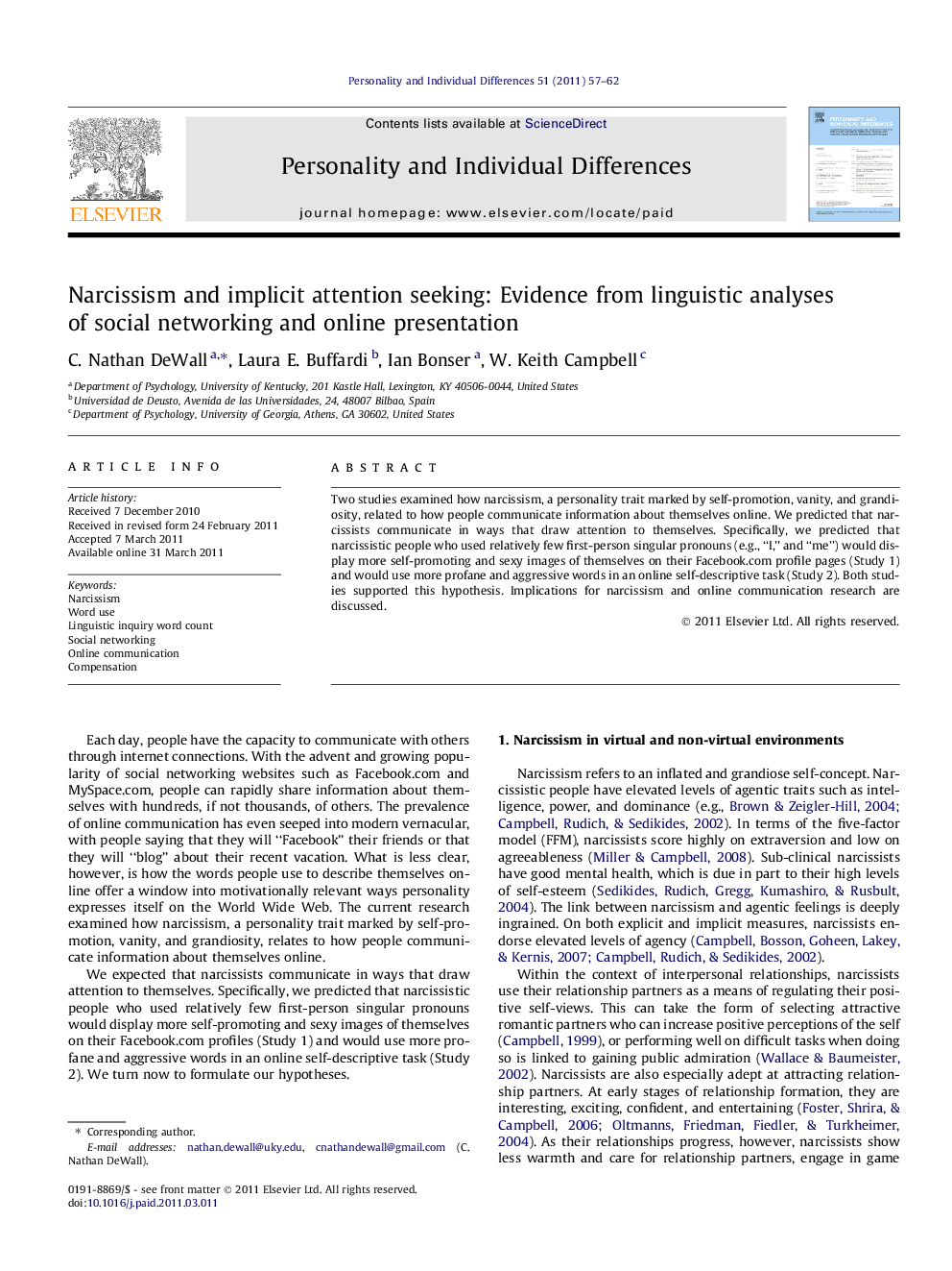 Narcissism and implicit attention seeking: Evidence from linguistic analyses of social networking and online presentation