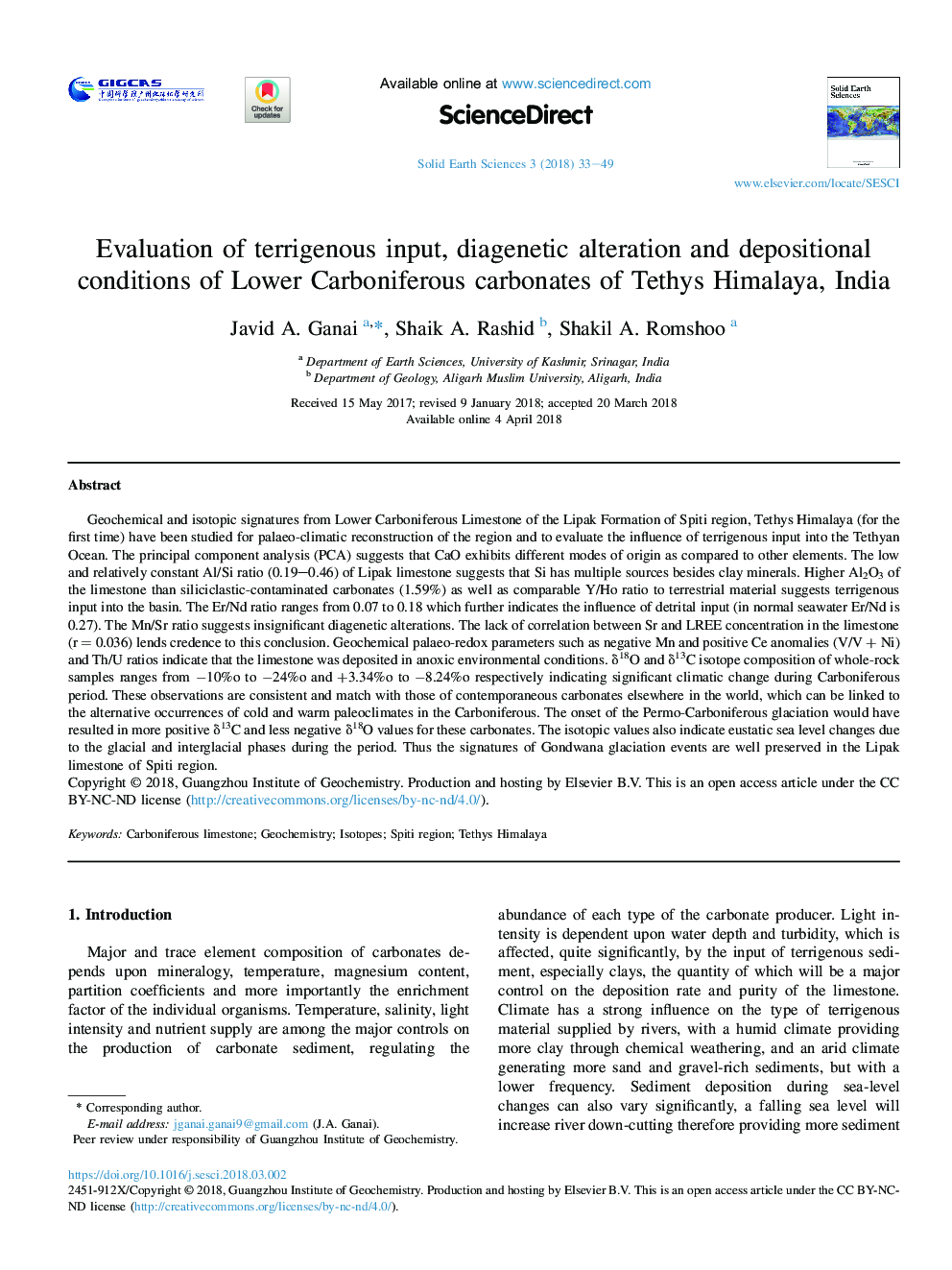 Evaluation of terrigenous input, diagenetic alteration and depositional conditions of Lower Carboniferous carbonates of Tethys Himalaya, India