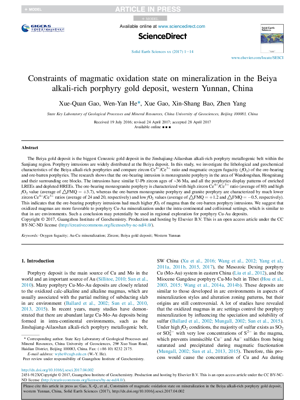 Constraints of magmatic oxidation state on mineralization in the Beiya alkali-rich porphyry gold deposit, western Yunnan, China