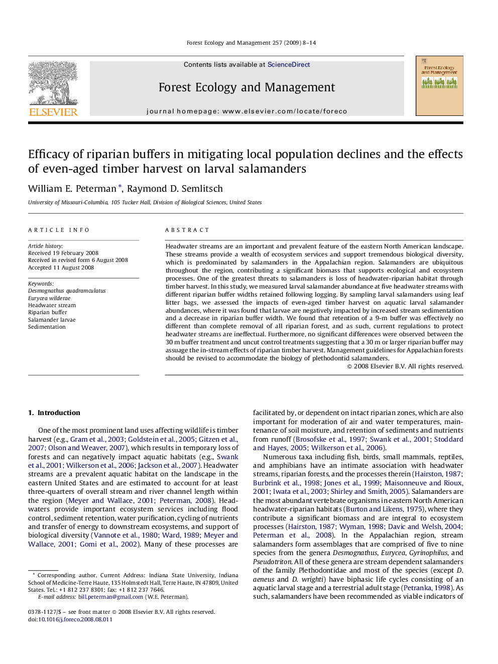 Efficacy of riparian buffers in mitigating local population declines and the effects of even-aged timber harvest on larval salamanders