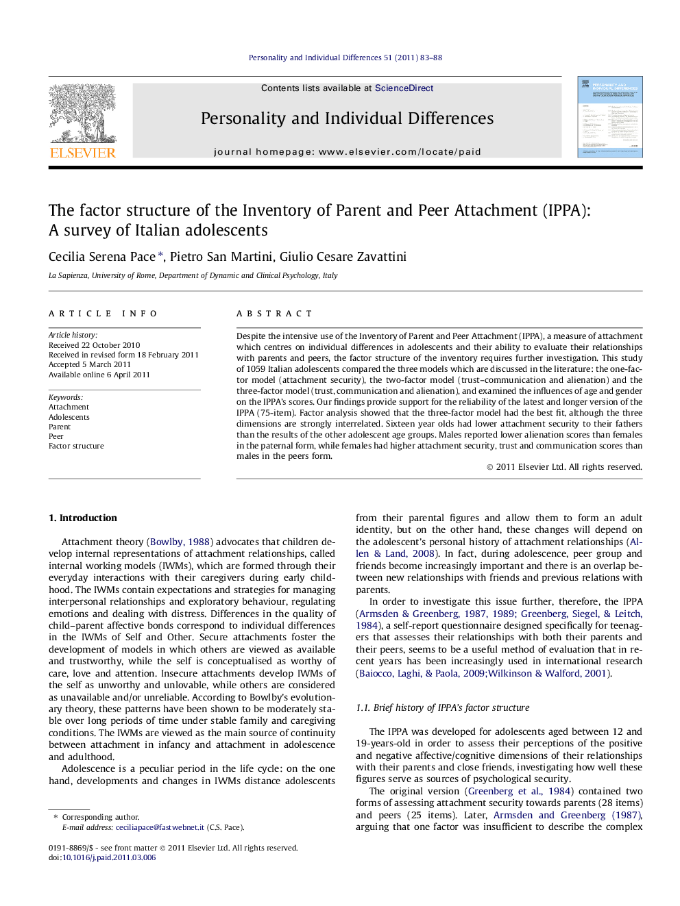 The factor structure of the Inventory of Parent and Peer Attachment (IPPA): A survey of Italian adolescents