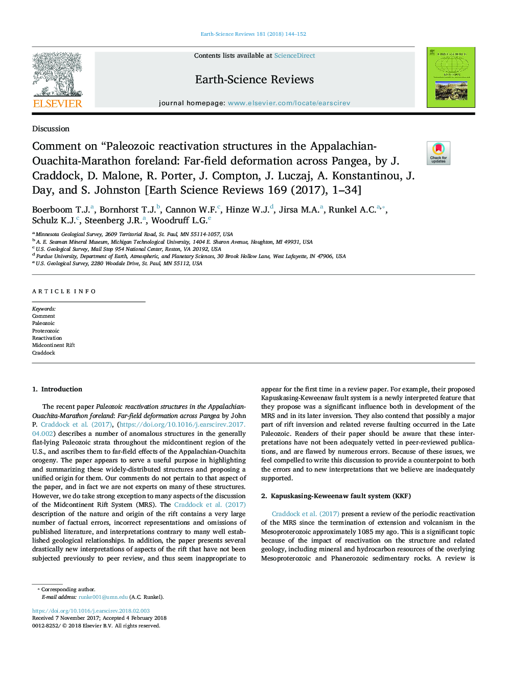 Comment on “Paleozoic reactivation structures in the Appalachian-Ouachita-Marathon foreland: Far-field deformation across Pangea, by J. Craddock, D. Malone, R. Porter, J. Compton, J. Luczaj, A. Konstantinou, J. Day, and S. Johnston [Earth Science Reviews 