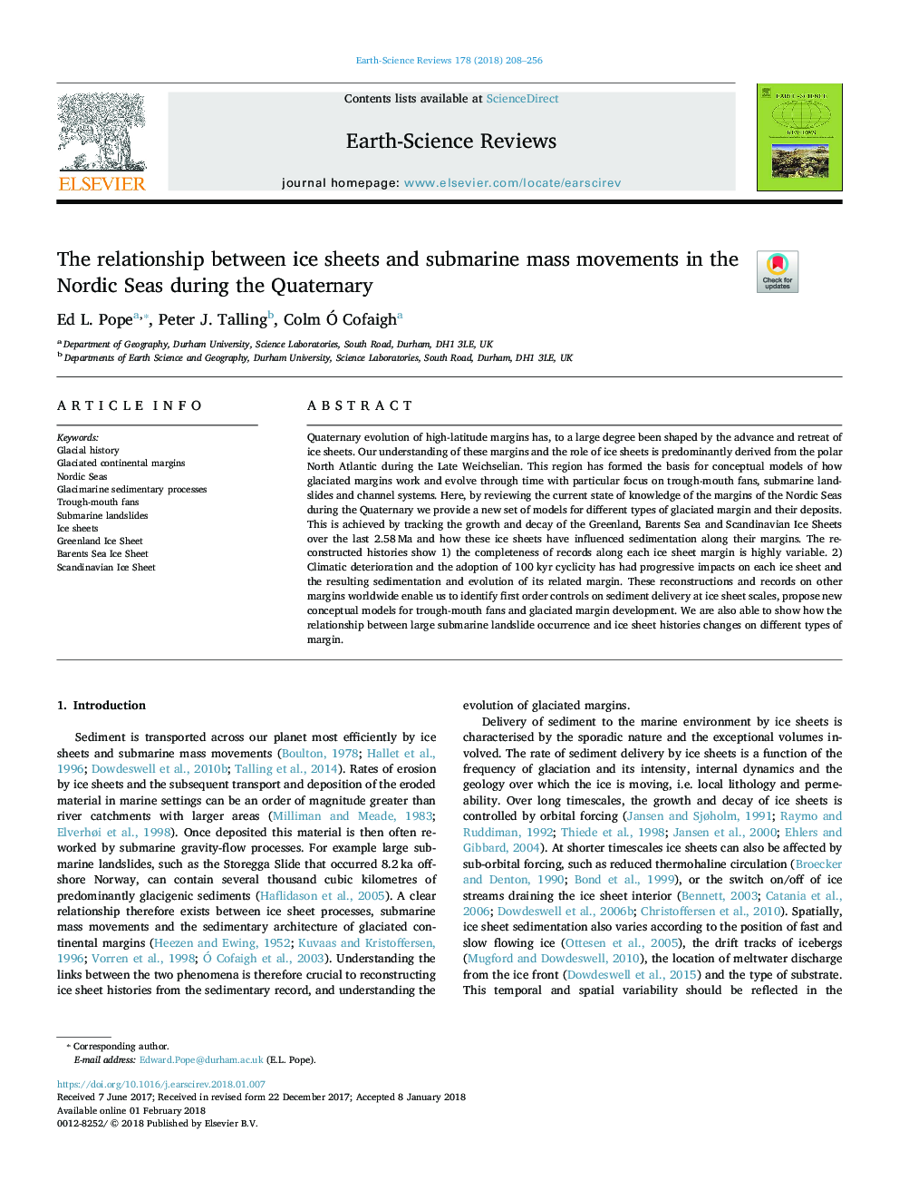 The relationship between ice sheets and submarine mass movements in the Nordic Seas during the Quaternary