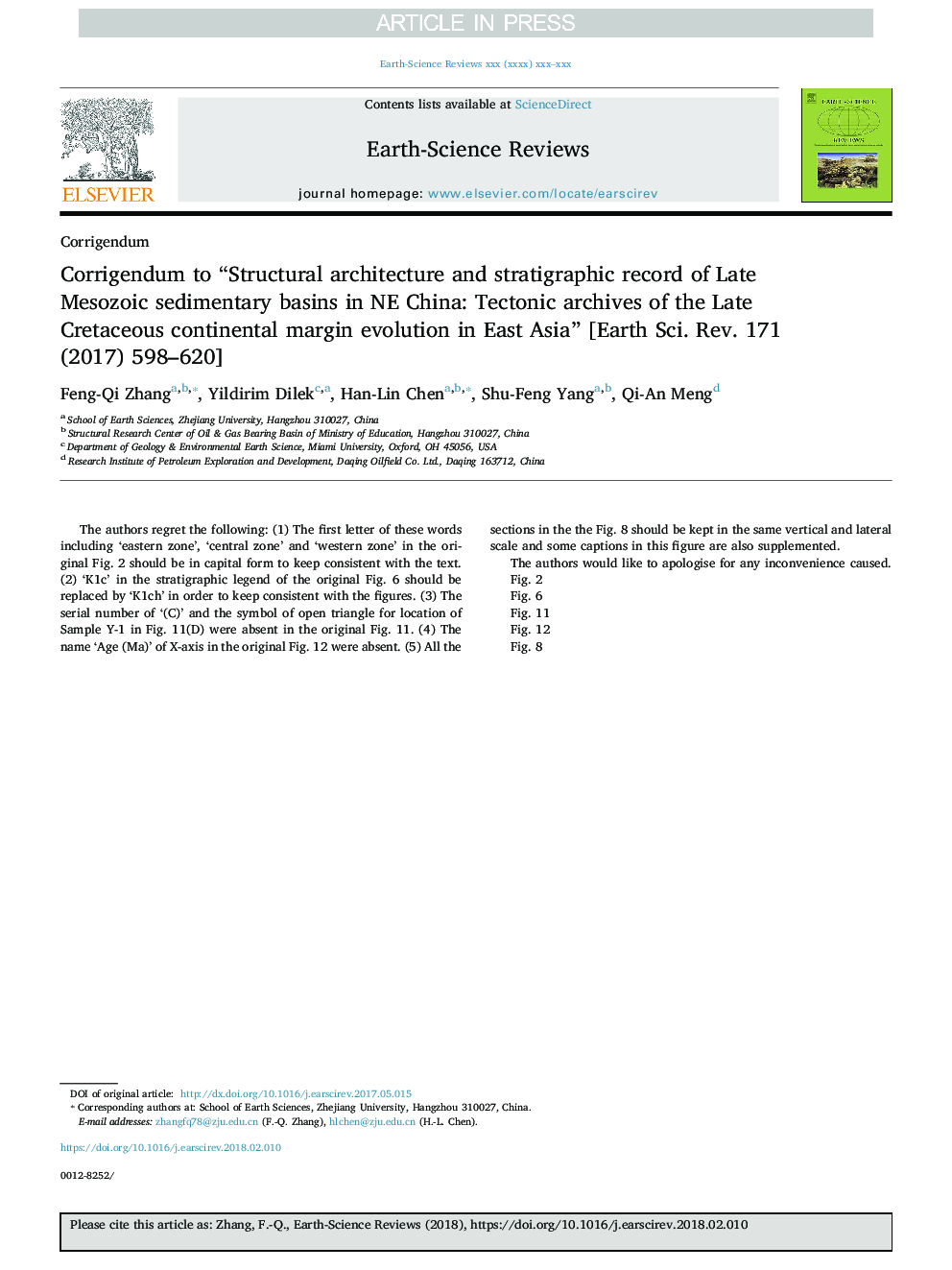 Corrigendum to “Structural architecture and stratigraphic record of Late Mesozoic sedimentary basins in NE China: Tectonic archives of the Late Cretaceous continental margin evolution in East Asia” [Earth Sci. Rev. 171 (2017) 598-620]