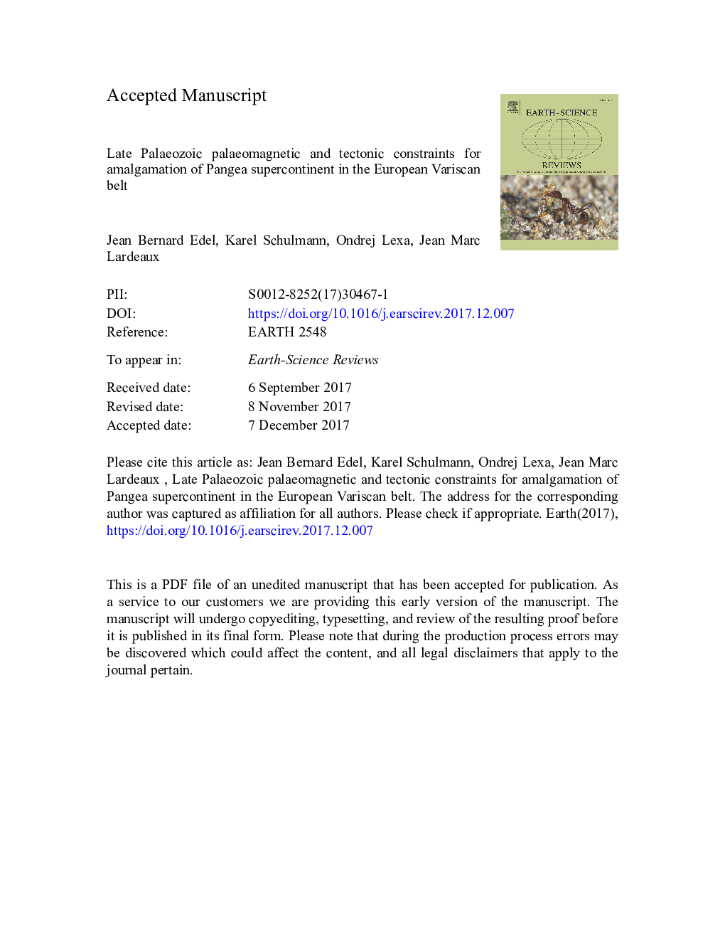 عکس صفحه اول مقاله: Late Palaeozoic palaeomagnetic and tectonic constraints for amalgamation of Pangea supercontinent in the European Variscan belt Late Palaeozoic palaeomagnetic and tectonic constraints for amalgamation of Pangea supercontinent in the European Variscan belt