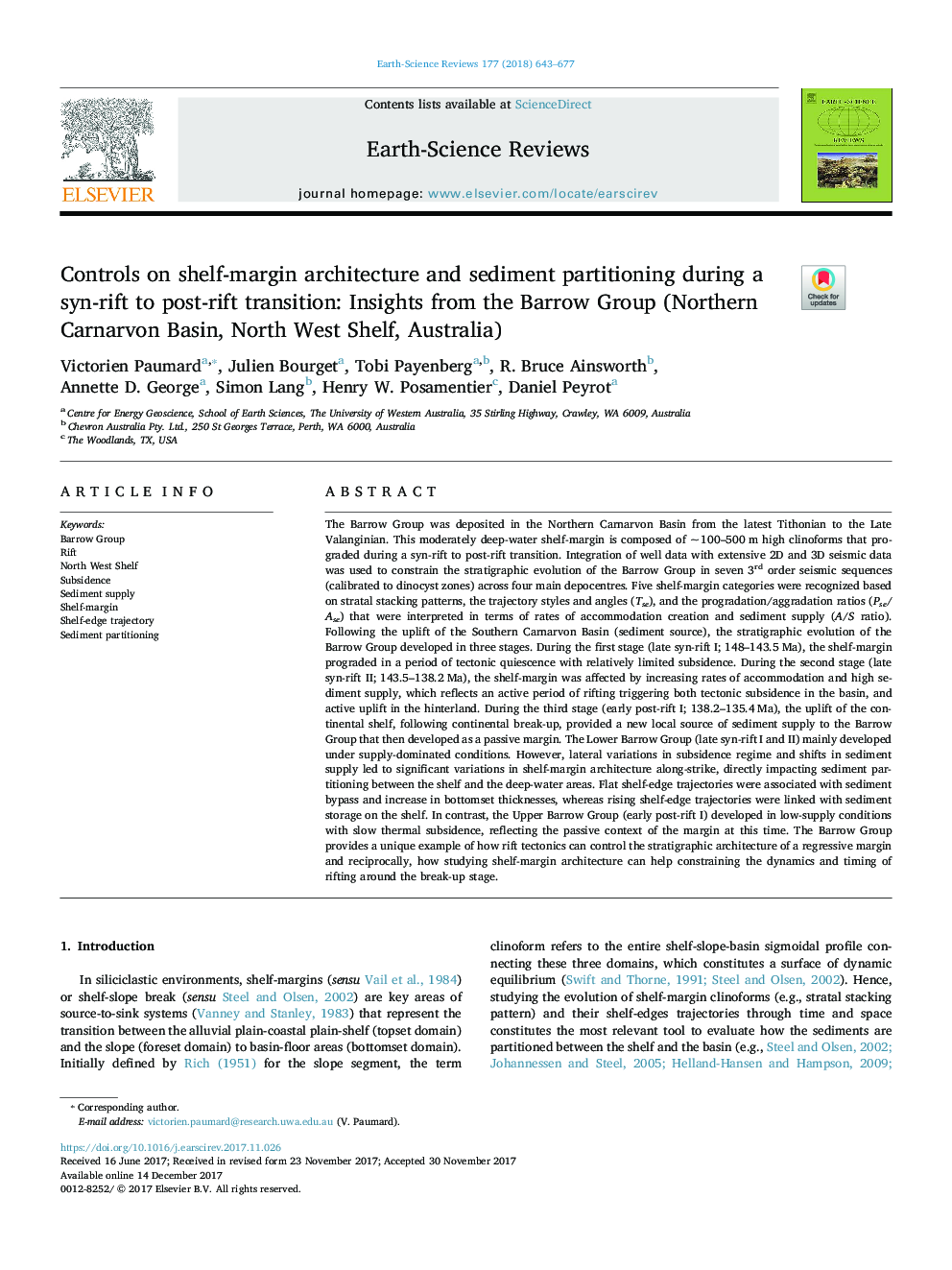 Controls on shelf-margin architecture and sediment partitioning during a syn-rift to post-rift transition: Insights from the Barrow Group (Northern Carnarvon Basin, North West Shelf, Australia)