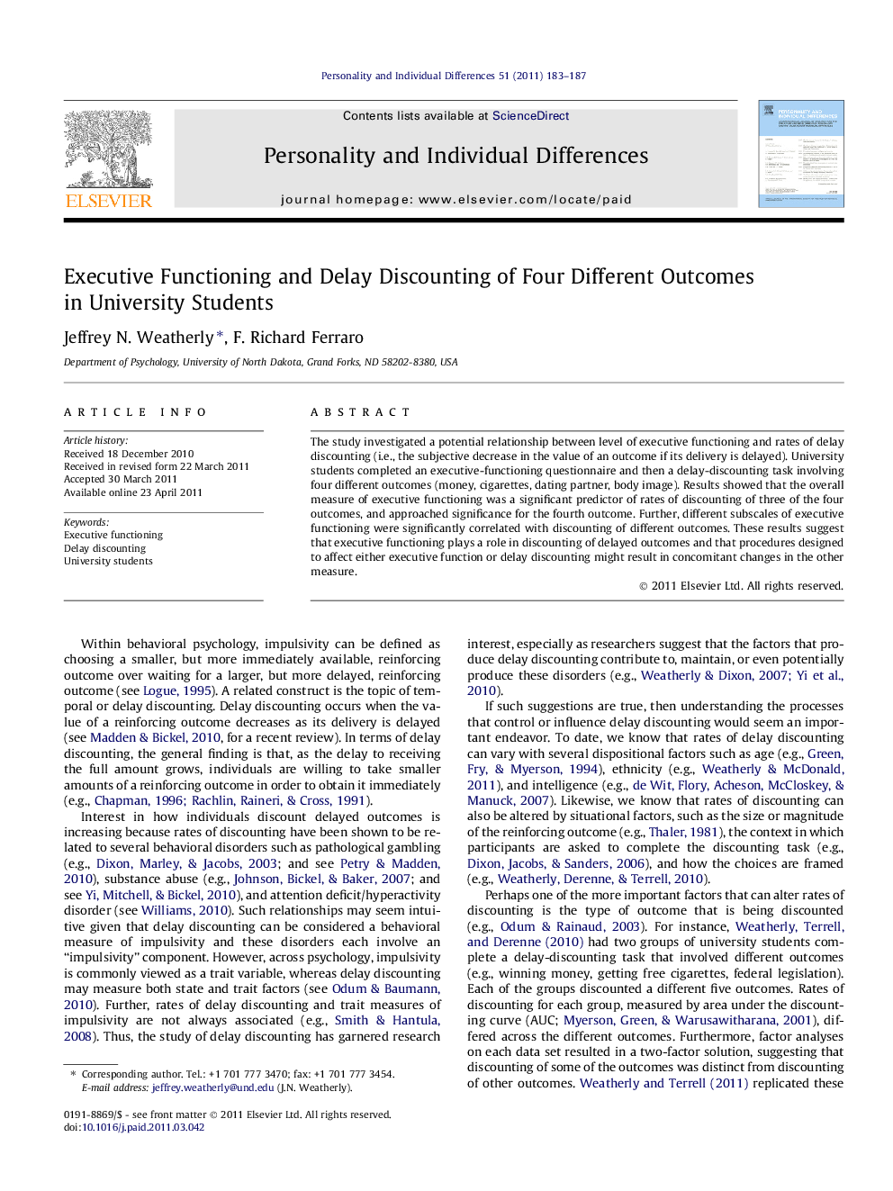 Executive Functioning and Delay Discounting of Four Different Outcomes in University Students