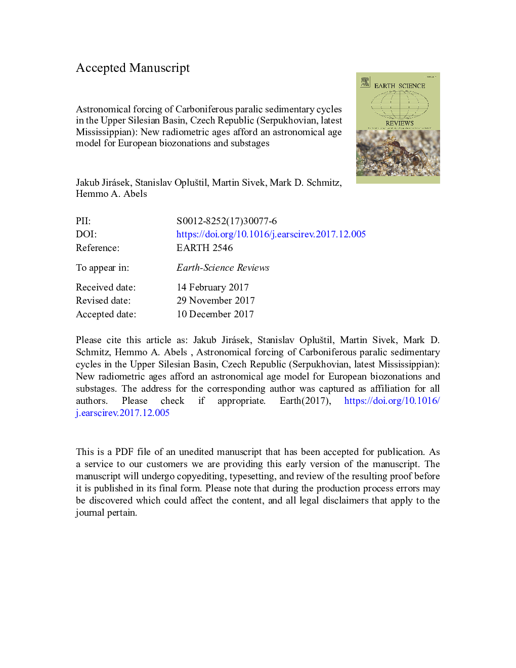 Astronomical forcing of Carboniferous paralic sedimentary cycles in the Upper Silesian Basin, Czech Republic (Serpukhovian, latest Mississippian): New radiometric ages afford an astronomical age model for European biozonations and substages