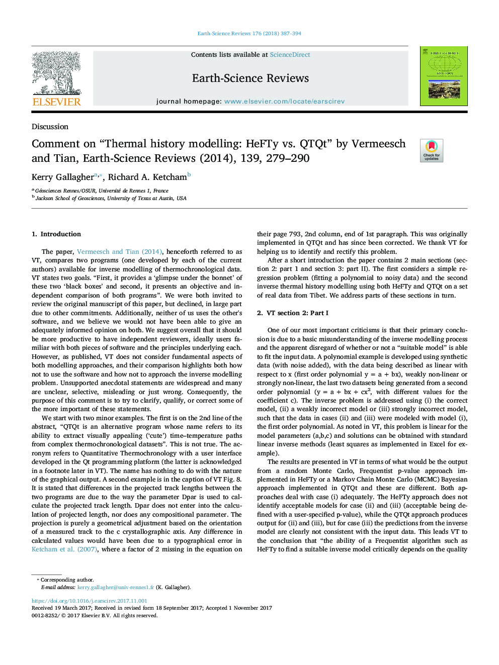 Comment on “Thermal history modelling: HeFTy vs. QTQt” by Vermeesch and Tian, Earth-Science Reviews (2014), 139, 279-290