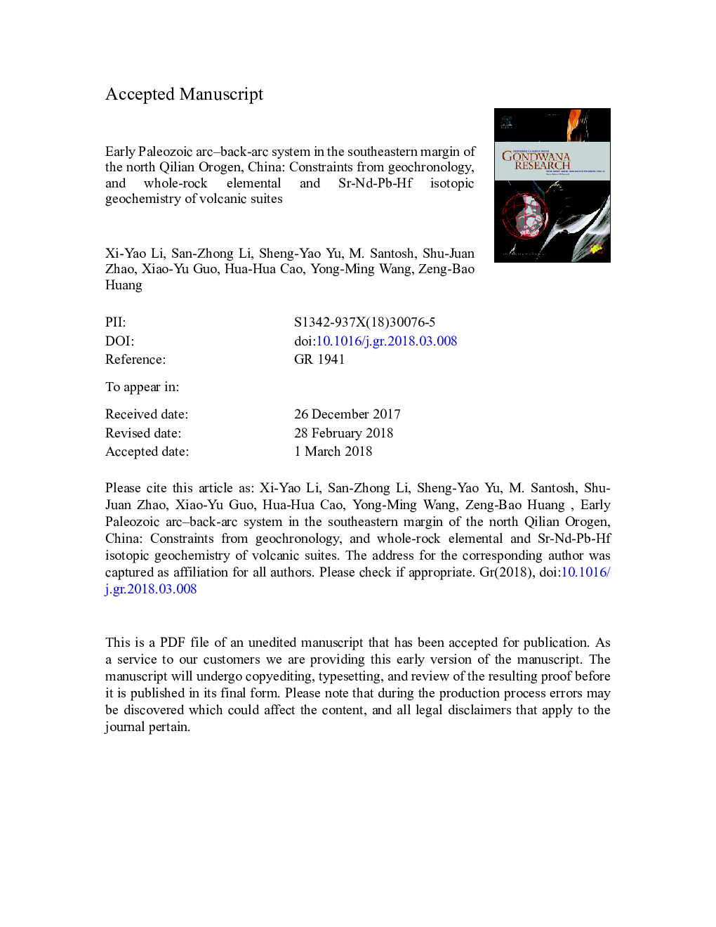 Early Paleozoic arc-back-arc system in the southeastern margin of the North Qilian Orogen, China: Constraints from geochronology, and whole-rock elemental and Sr-Nd-Pb-Hf isotopic geochemistry of volcanic suites