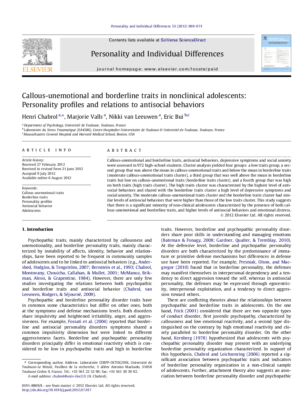 Callous-unemotional and borderline traits in nonclinical adolescents: Personality profiles and relations to antisocial behaviors