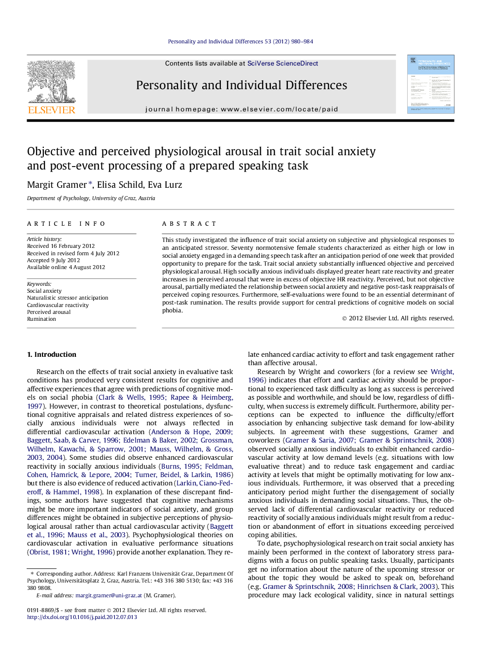 Objective and perceived physiological arousal in trait social anxiety and post-event processing of a prepared speaking task