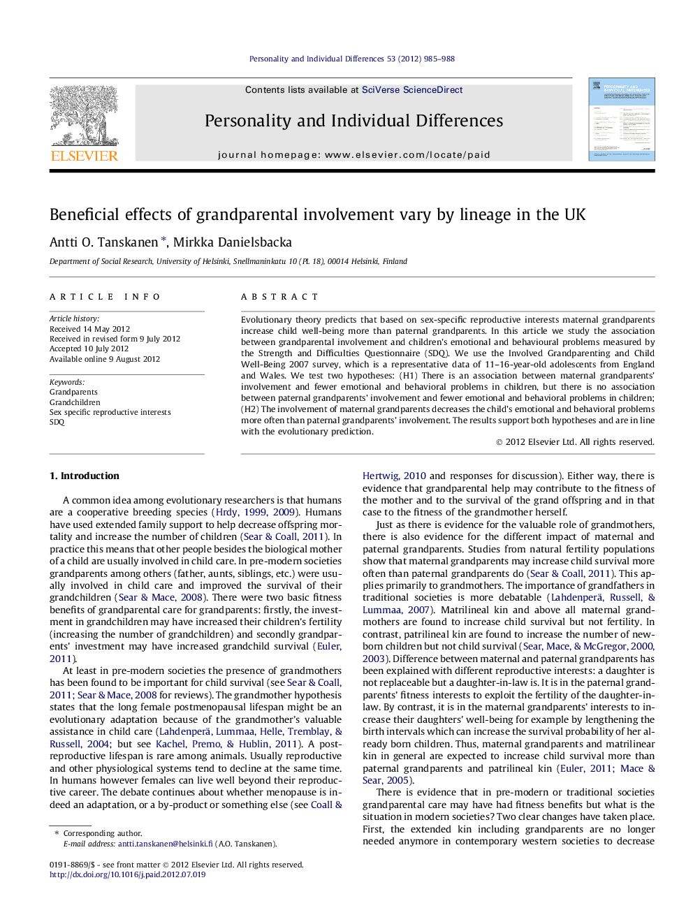 Beneficial effects of grandparental involvement vary by lineage in the UK