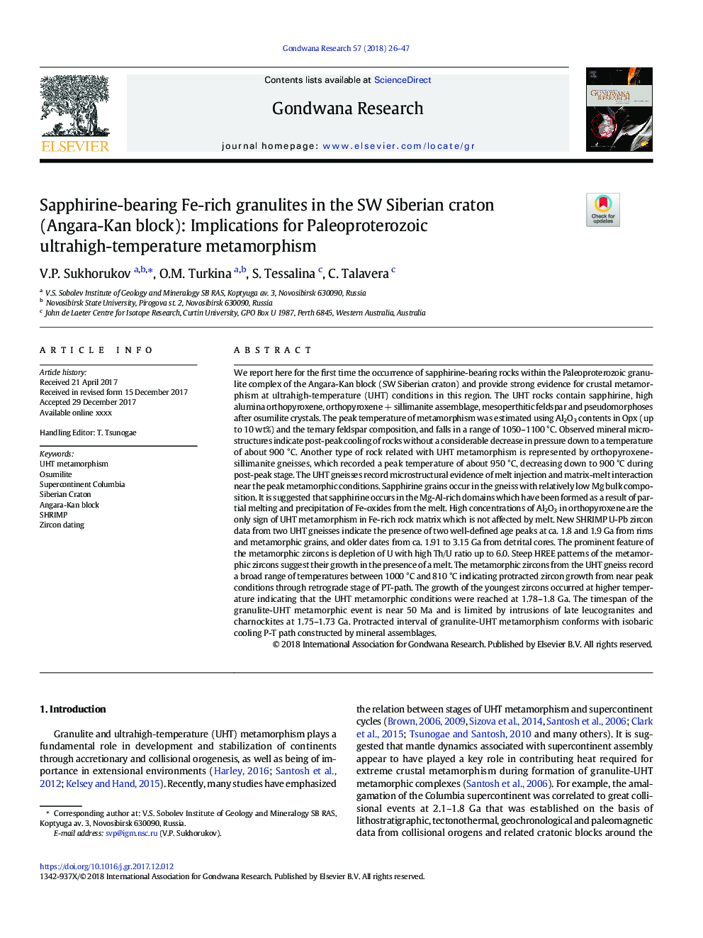 Sapphirine-bearing Fe-rich granulites in the SW Siberian craton (Angara-Kan block): Implications for Paleoproterozoic ultrahigh-temperature metamorphism