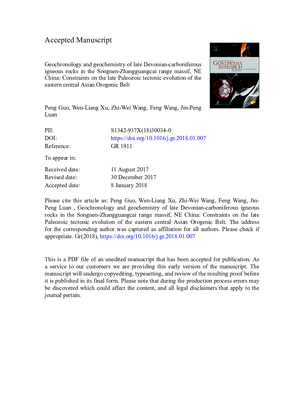 Geochronology and geochemistry of Late Devonian-Carboniferous igneous rocks in the Songnen-Zhangguangcai Range Massif, NE China: Constraints on the late Paleozoic tectonic evolution of the eastern Central Asian Orogenic Belt