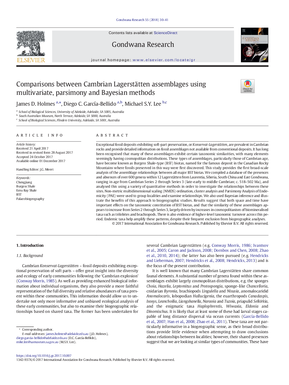 Comparisons between Cambrian Lagerstätten assemblages using multivariate, parsimony and Bayesian methods