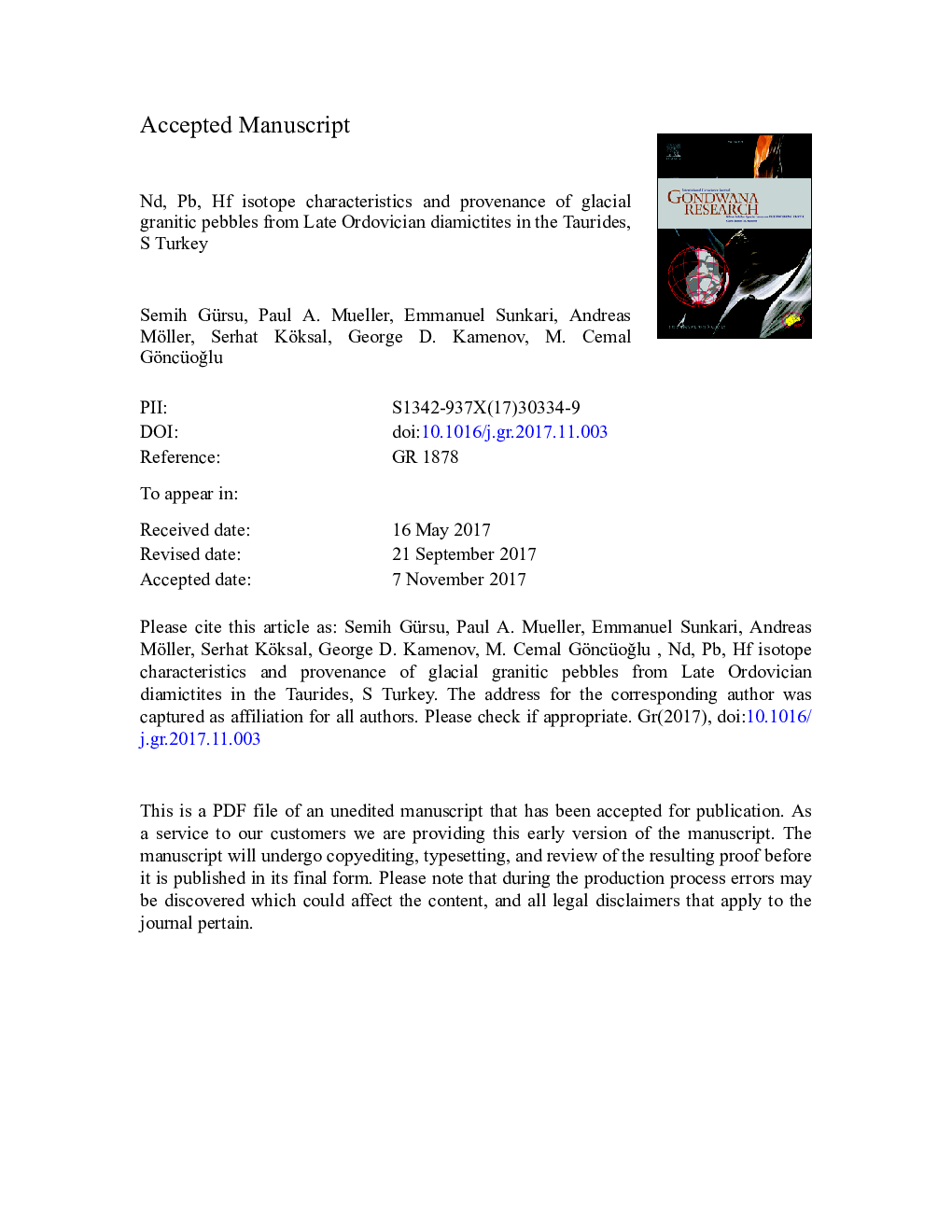 Nd, Pb, Hf isotope characteristics and provenance of glacial granitic pebbles from Late Ordovician diamictites in the Taurides, S Turkey