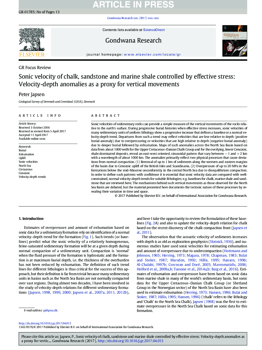 Sonic velocity of chalk, sandstone and marine shale controlled by effective stress: Velocity-depth anomalies as a proxy for vertical movements