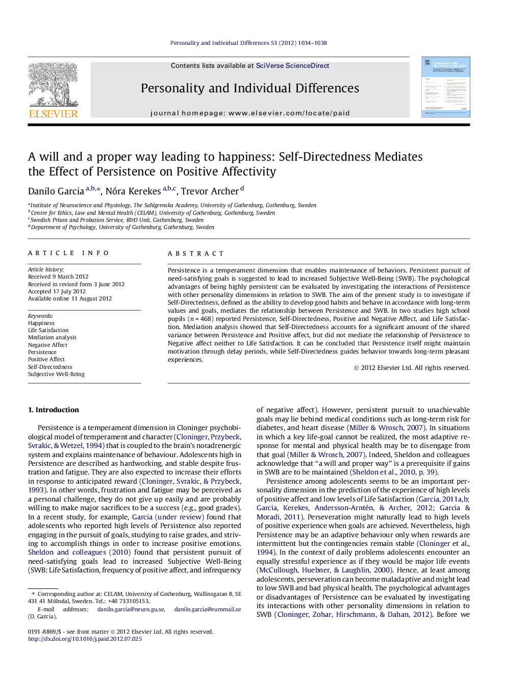 A will and a proper way leading to happiness: Self-Directedness Mediates the Effect of Persistence on Positive Affectivity