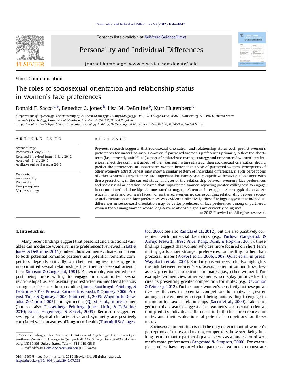 The roles of sociosexual orientation and relationship status in women’s face preferences