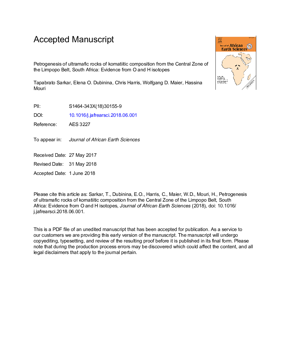 Petrogenesis of ultramafic rocks of komatiitic composition from the Central Zone of the Limpopo Belt, South Africa: Evidence from O and H isotopes