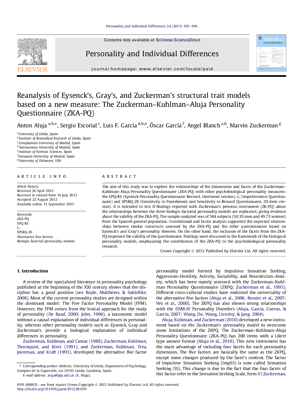 Reanalysis of Eysenck’s, Gray’s, and Zuckerman’s structural trait models based on a new measure: The Zuckerman–Kuhlman–Aluja Personality Questionnaire (ZKA-PQ)
