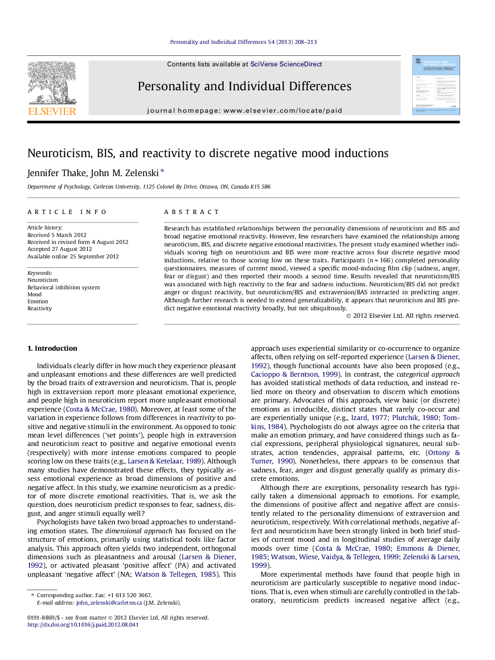 Neuroticism, BIS, and reactivity to discrete negative mood inductions