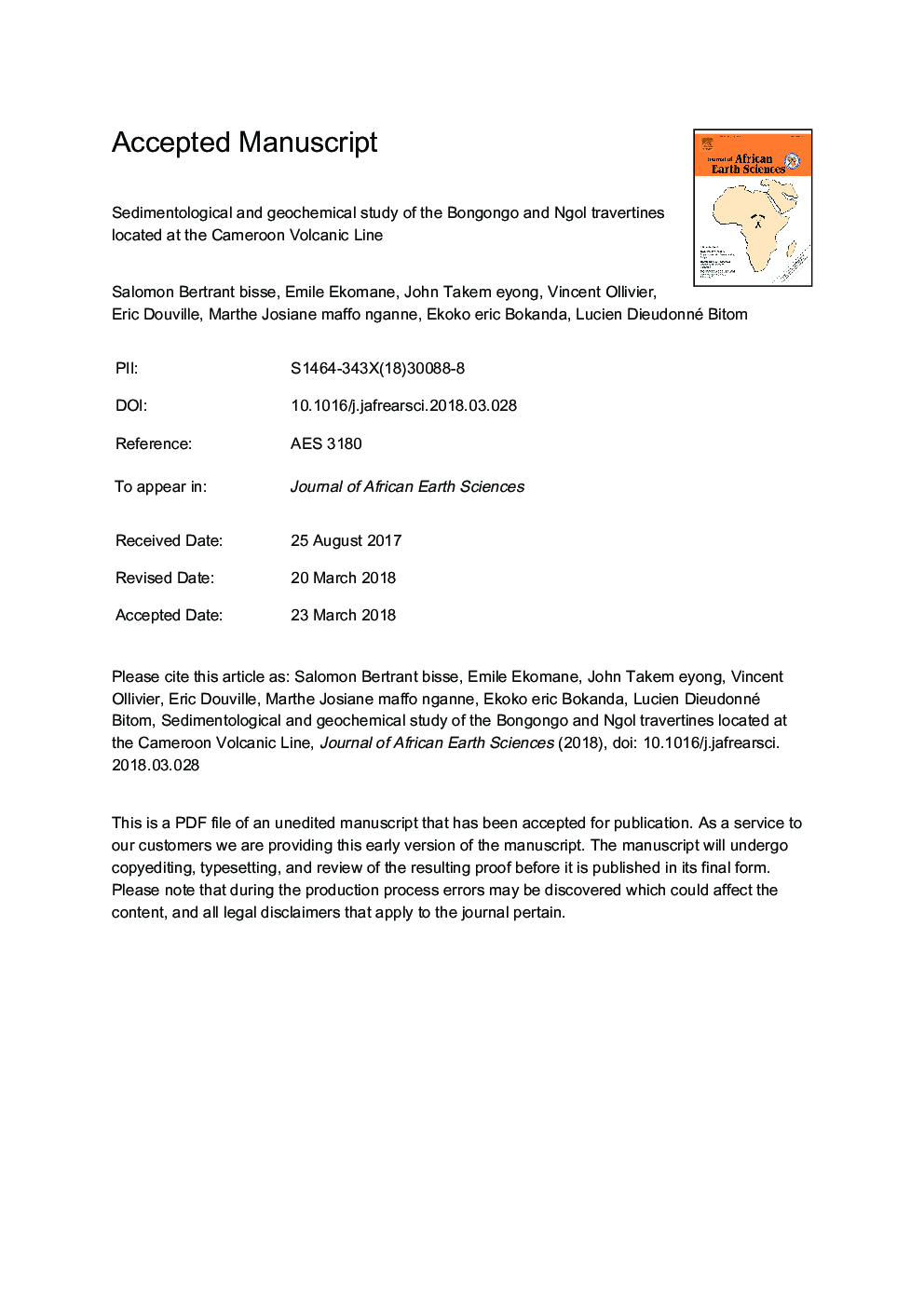 Sedimentological and geochemical study of the Bongongo and Ngol travertines located at the Cameroon Volcanic Line