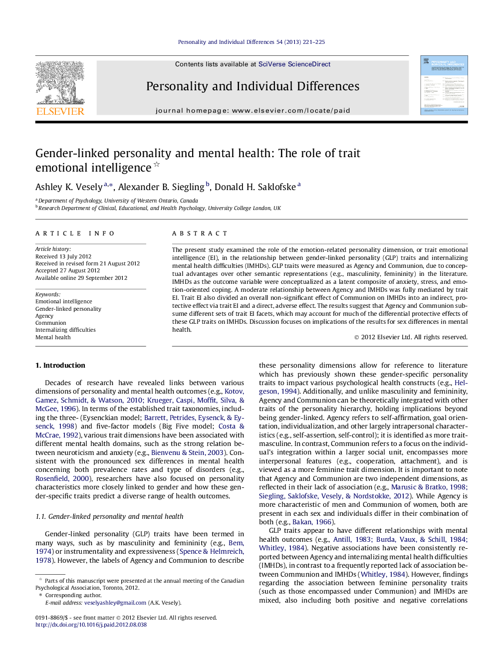 Gender-linked personality and mental health: The role of trait emotional intelligence 