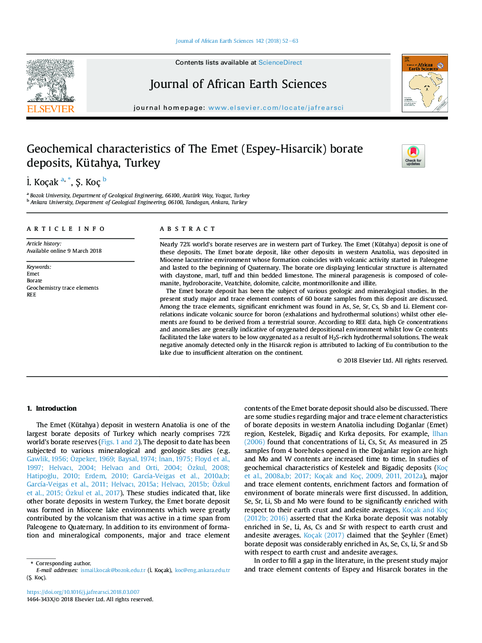 Geochemical characteristics of The Emet (Espey-Hisarcik) borate deposits, Kütahya, Turkey