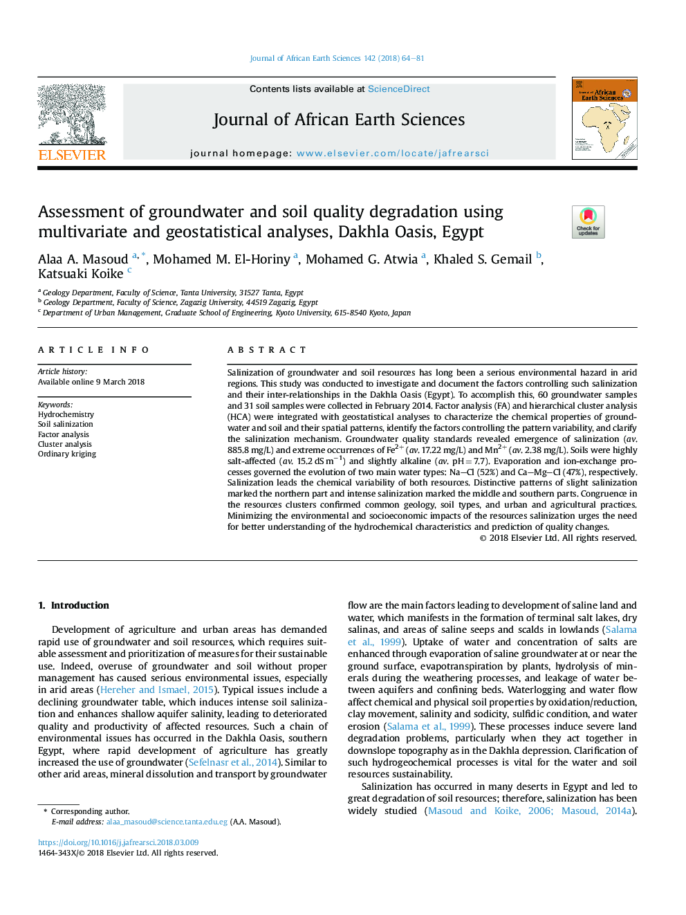 Assessment of groundwater and soil quality degradation using multivariate and geostatistical analyses, Dakhla Oasis, Egypt