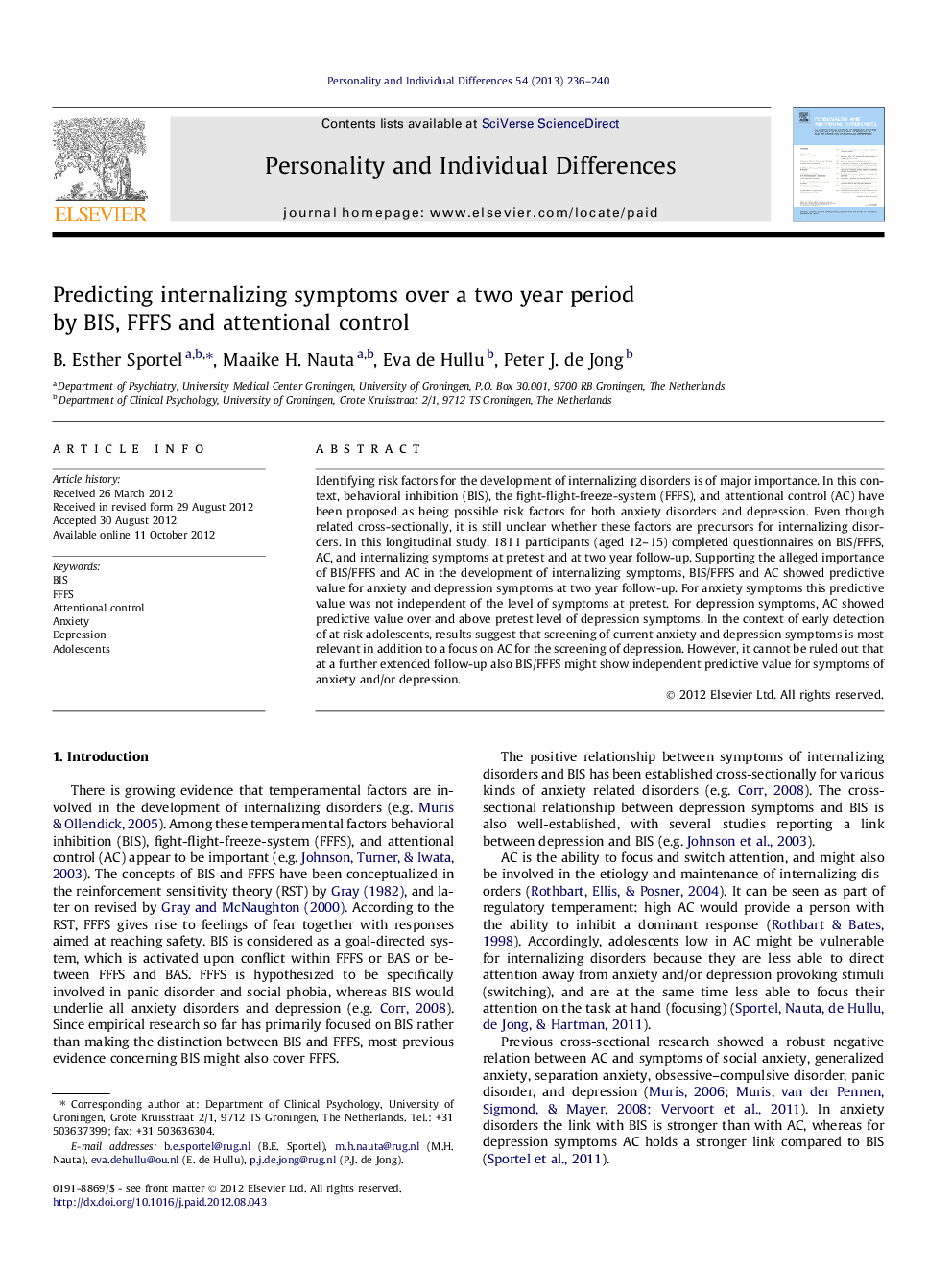 عکس صفحه اول مقاله: Predicting internalizing symptoms over a two year period by BIS, FFFS and attentional control Predicting internalizing symptoms over a two year period by BIS, FFFS and attentional control