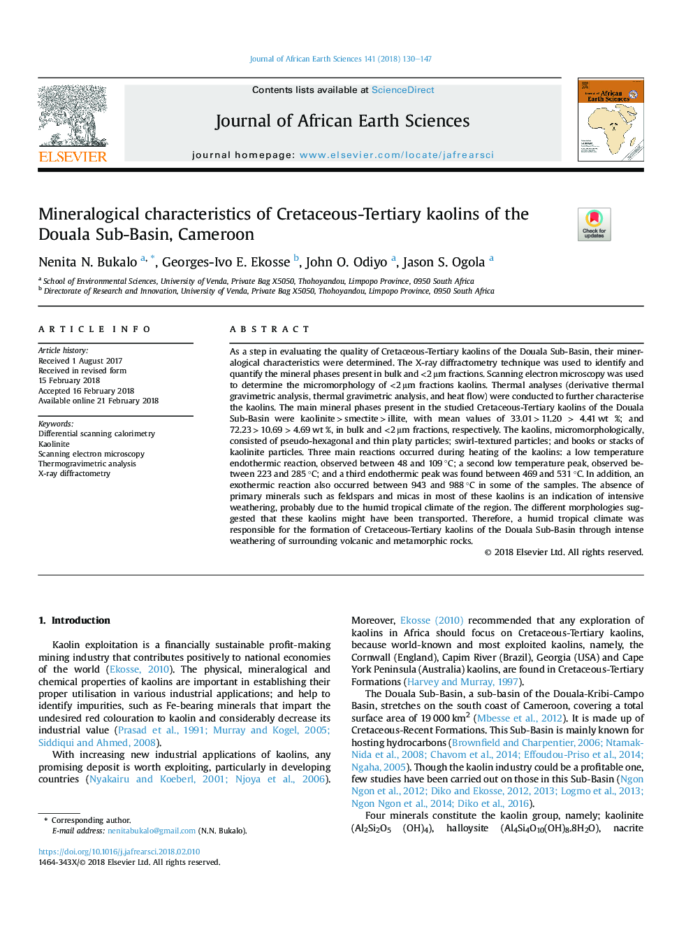 ویژگی های کانی شناسی کائولن های کرتاسه-سومری در حوزه آبریز دوال، کامرون