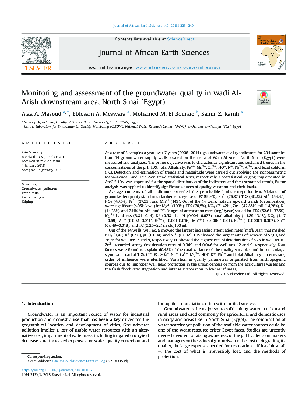 Monitoring and assessment of the groundwater quality in wadi Al-Arish downstream area, North Sinai (Egypt)