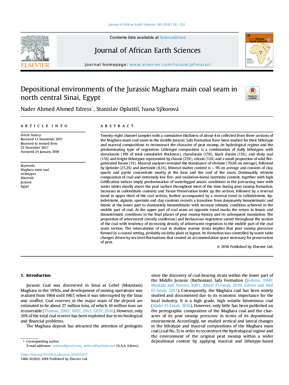 Depositional environments of the Jurassic Maghara main coal seam in north central Sinai, Egypt