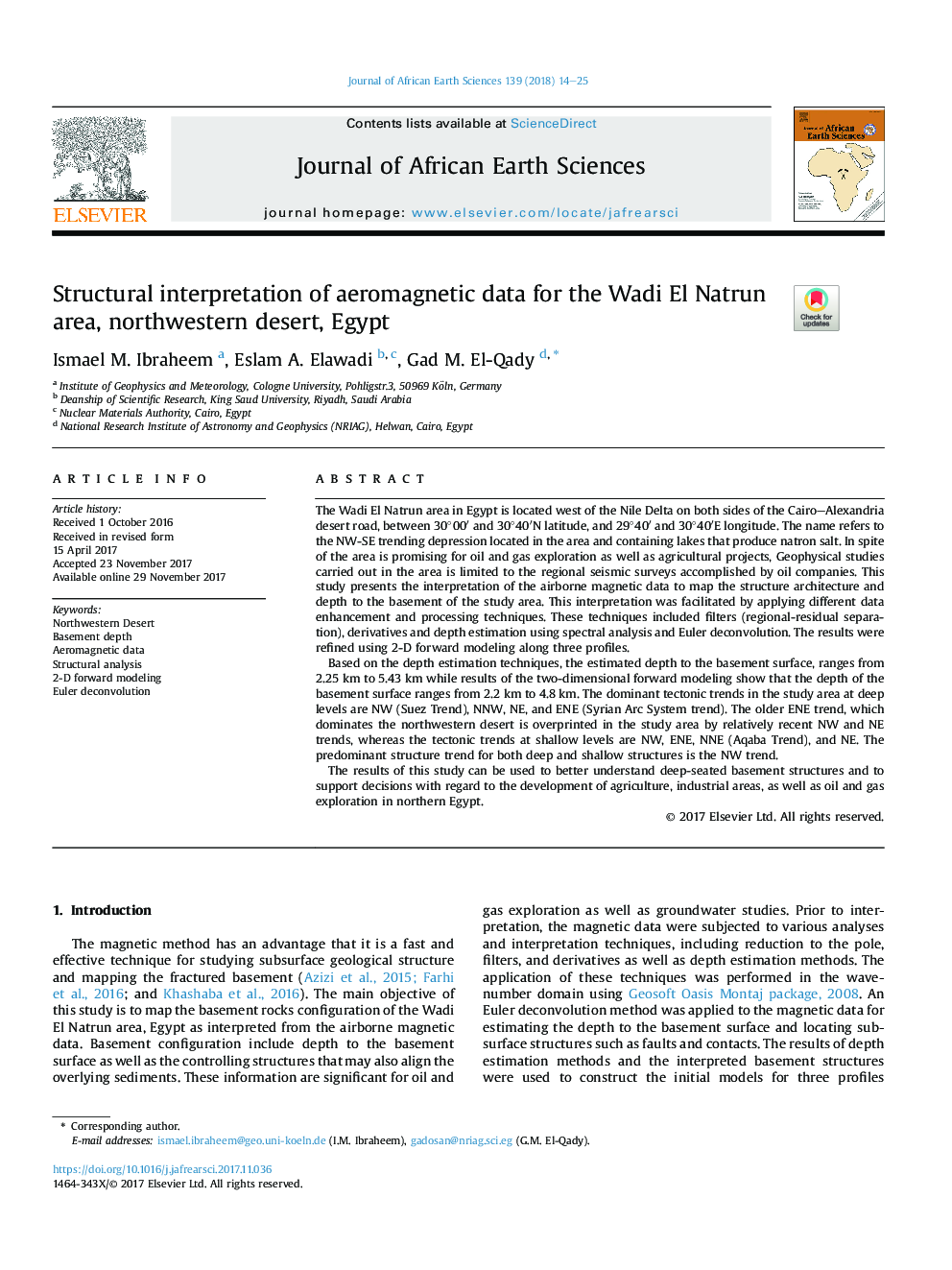تفسیر ساختاری داده های هوای مغناطیسی برای منطقه وادی ال ناترون، کویر شمال غربی، مصر