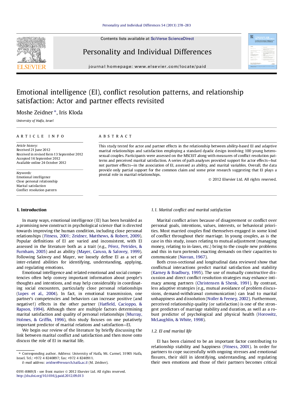 Emotional intelligence (EI), conflict resolution patterns, and relationship satisfaction: Actor and partner effects revisited