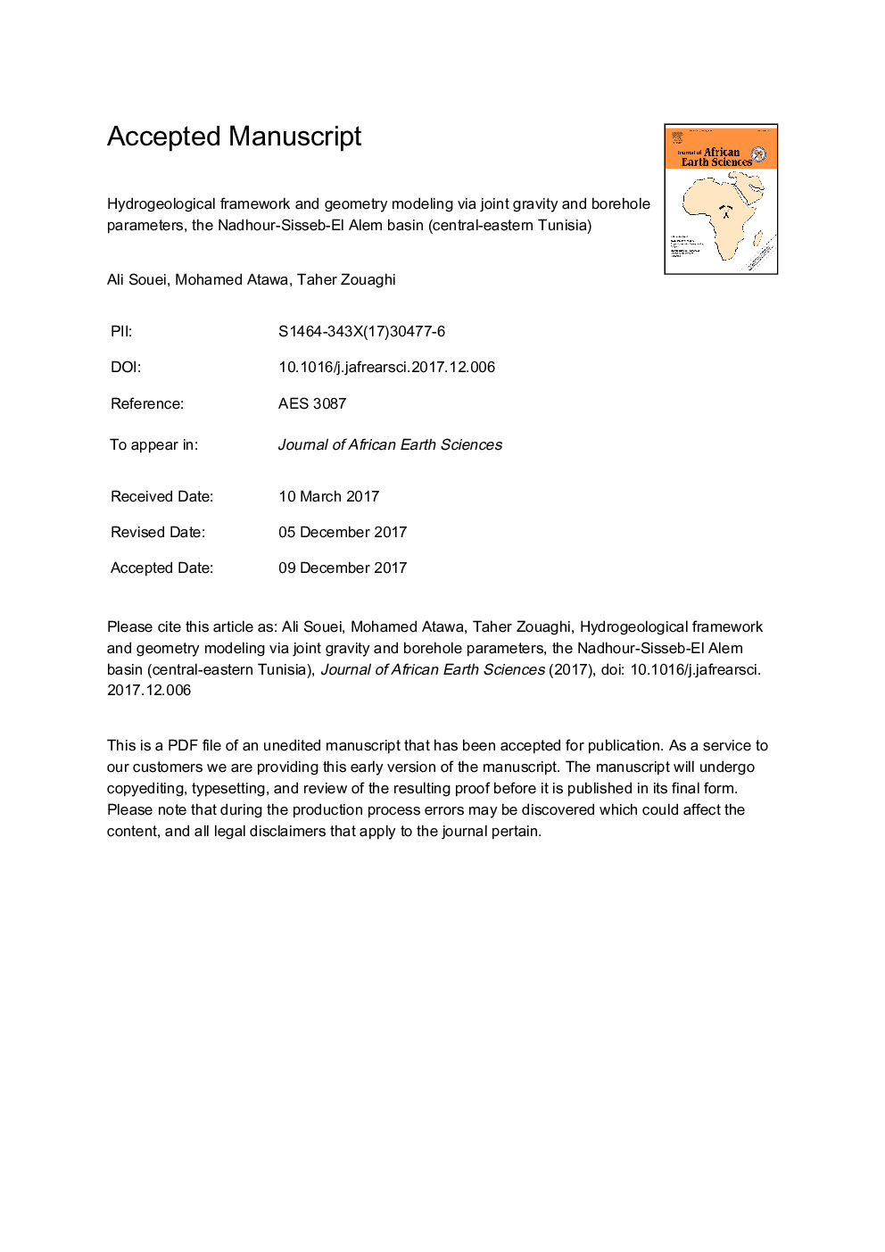 Hydrogeological framework and geometry modeling via joint gravityÂ and borehole parameters, the Nadhour-Sisseb-El Alem basinÂ (central-eastern Tunisia)