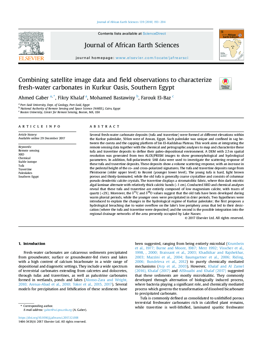 Combining satellite image data and field observations to characterize fresh-water carbonates in Kurkur Oasis, Southern Egypt