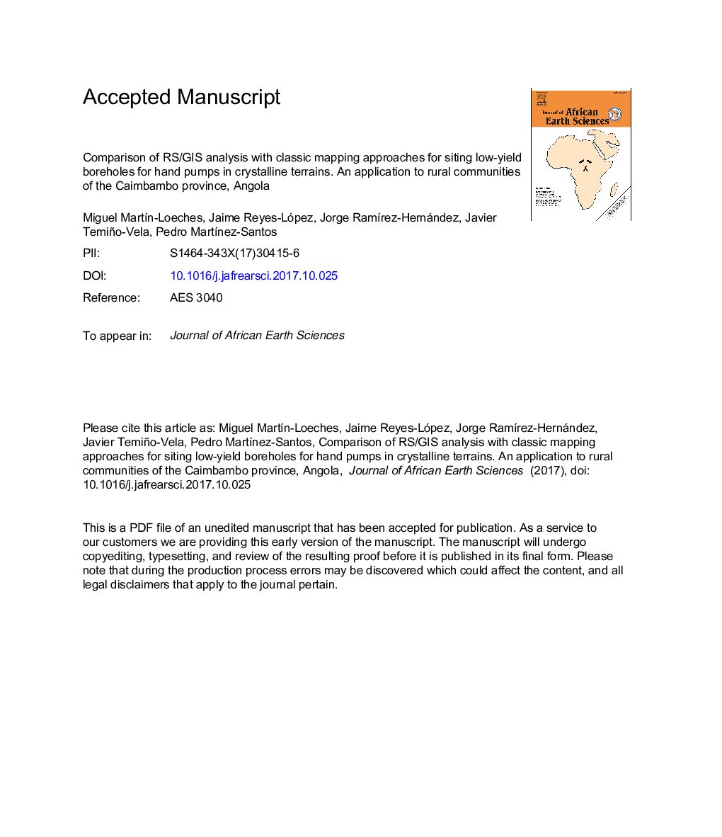 Comparison of RS/GIS analysis with classic mapping approaches for siting low-yield boreholes for hand pumps in crystalline terrains. An application to rural communities of the Caimbambo province, Angola