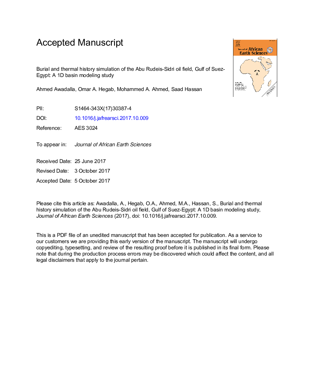 Burial and thermal history simulation of the Abu Rudeis-Sidri oil field, Gulf of Suez-Egypt: A 1D basin modeling study