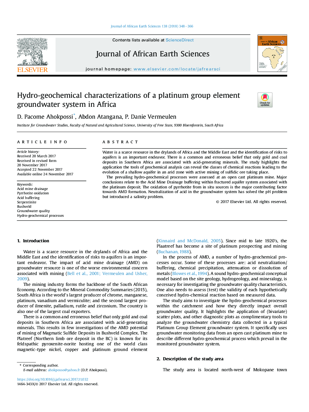 خصوصیات هیدروژئوشیمیایی یک سیستم آب زیرزمینی عنصر پلاتین در آفریقا