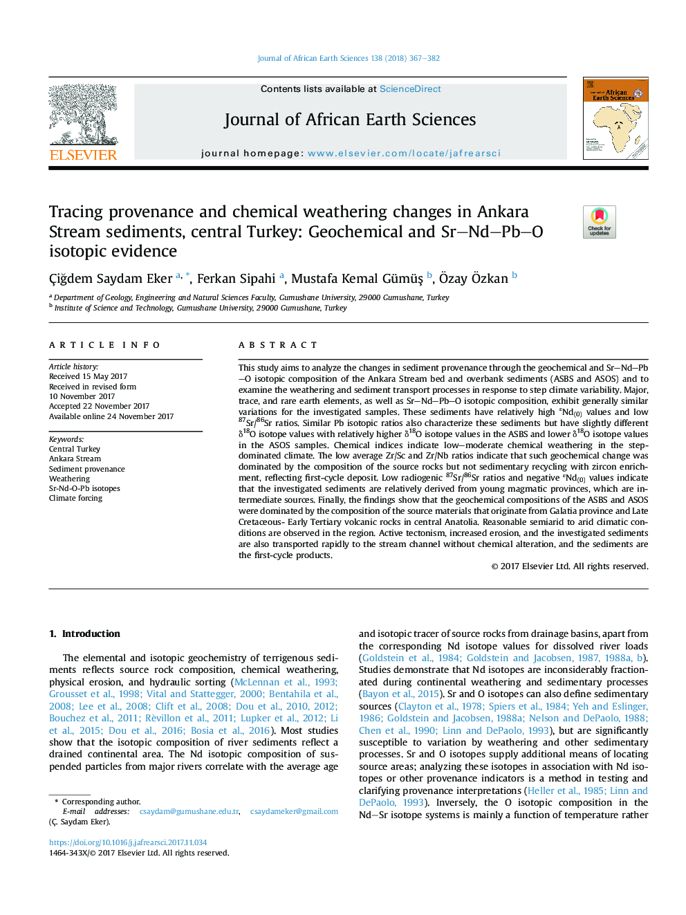 Tracing provenance and chemical weathering changes in Ankara Stream sediments, central Turkey: Geochemical and Sr-Nd-Pb-O isotopic evidence