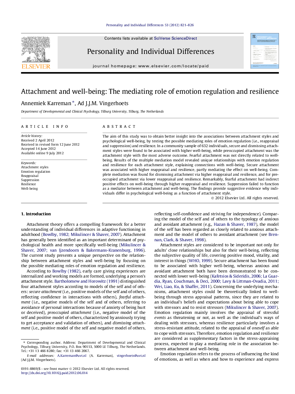 Attachment and well-being: The mediating role of emotion regulation and resilience